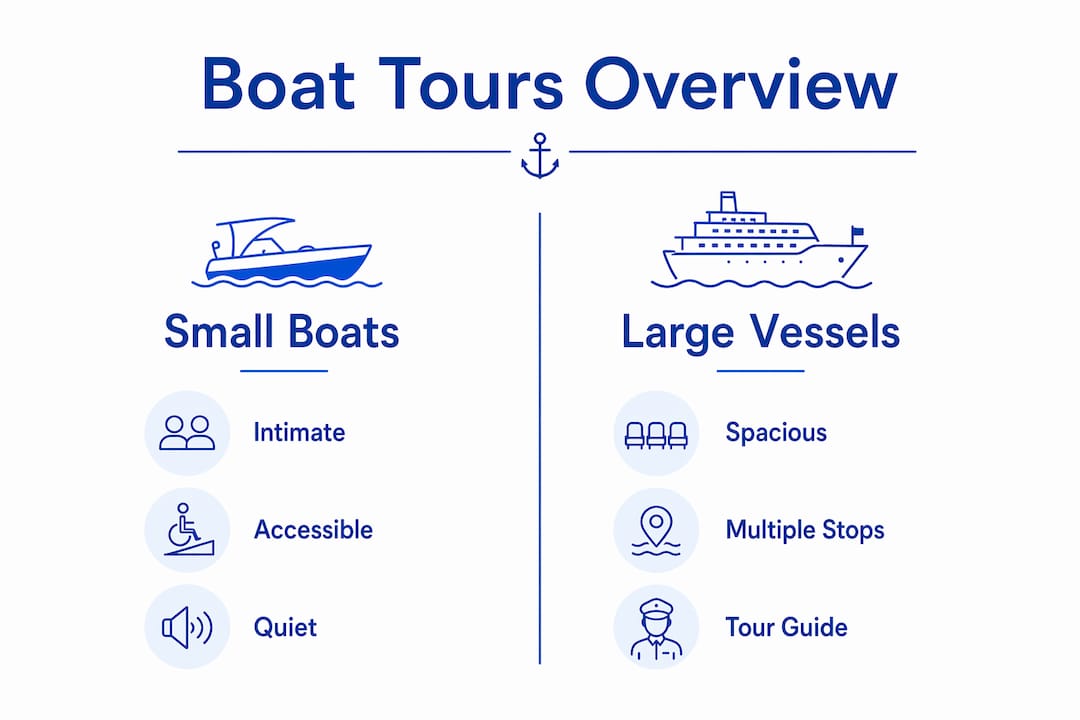 Infographic comparing small boats and large vessels for Lisbon night tours