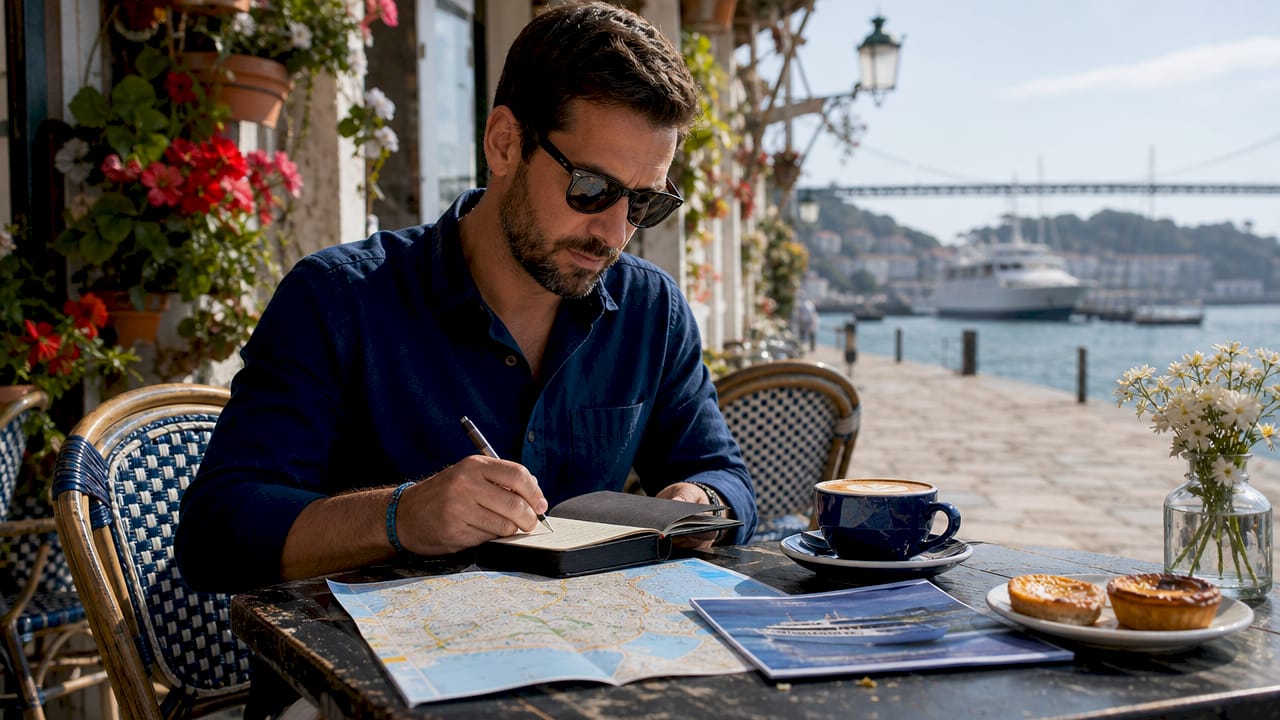 Traveler planning Lisbon boat tour at café