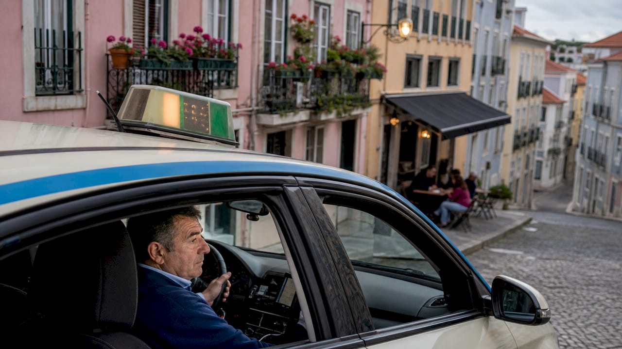 Lisbon taxi driver in city street with car roof sign