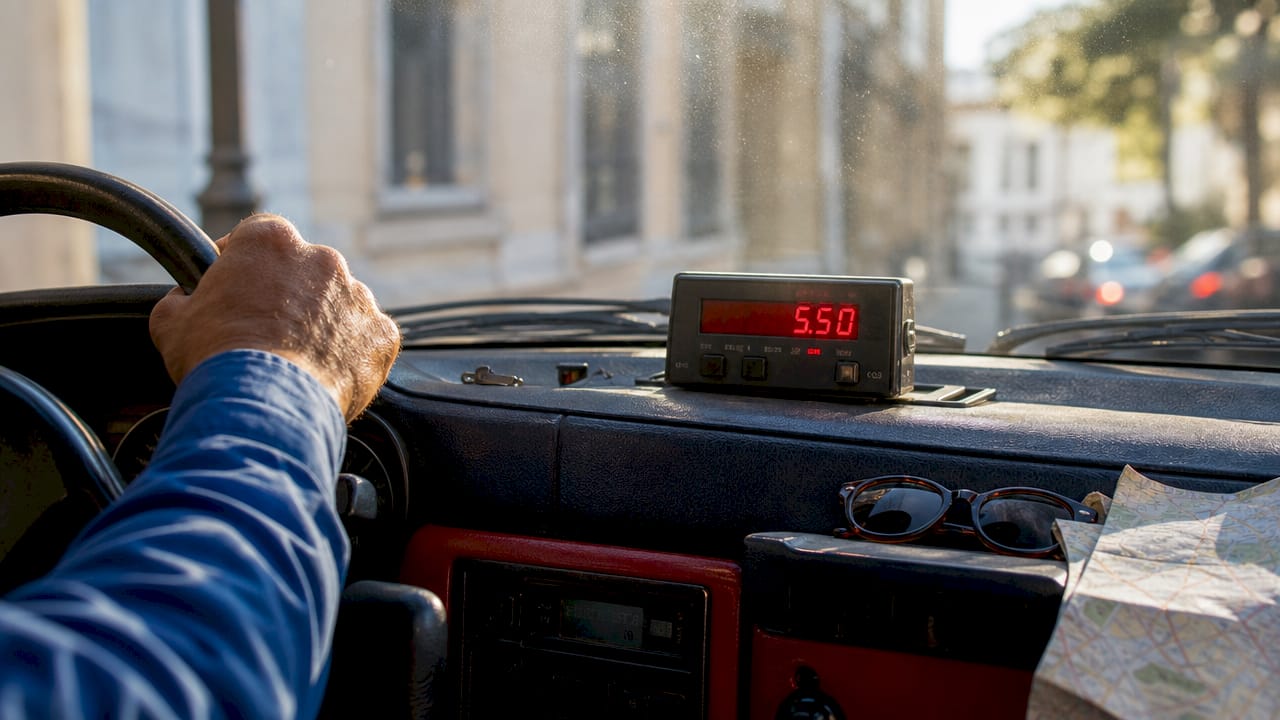 Close-up Lisbon taxi meter showing fare start