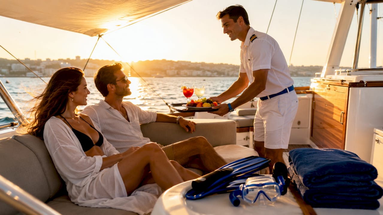Crew serving drinks and snacks on sailing yacht