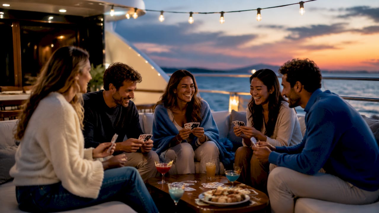 Group enjoying games and drinks on cruise deck