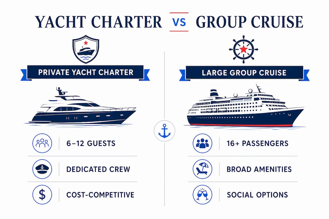 Comparison infographic of private yacht charter and group cruise