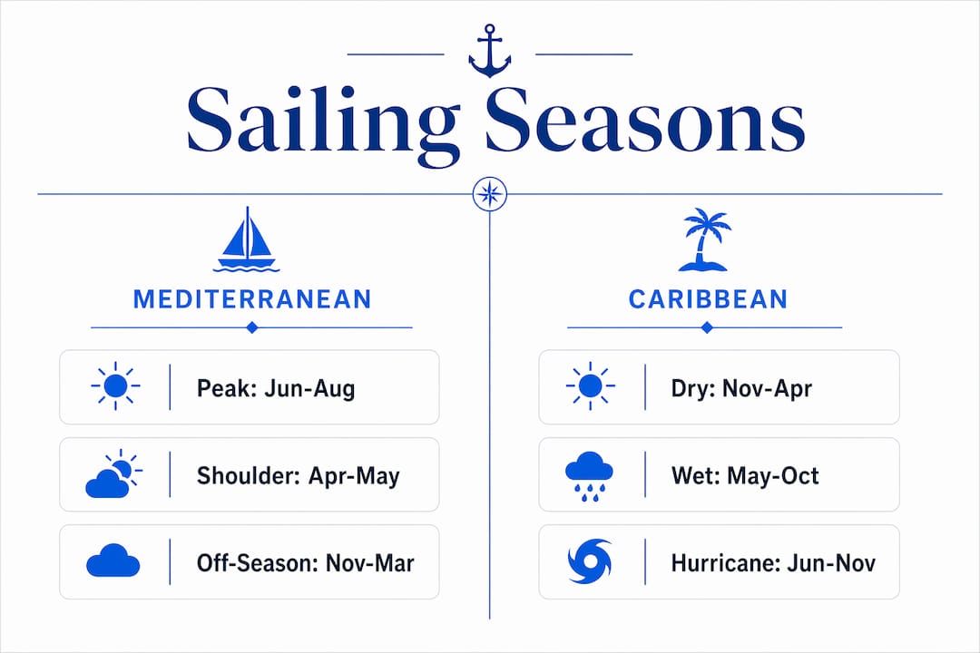 Infographic comparing Mediterranean and Caribbean sailing seasons