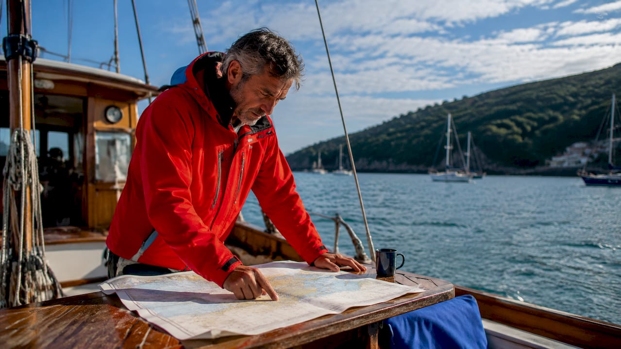 Sailor reviewing weather conditions on boat deck