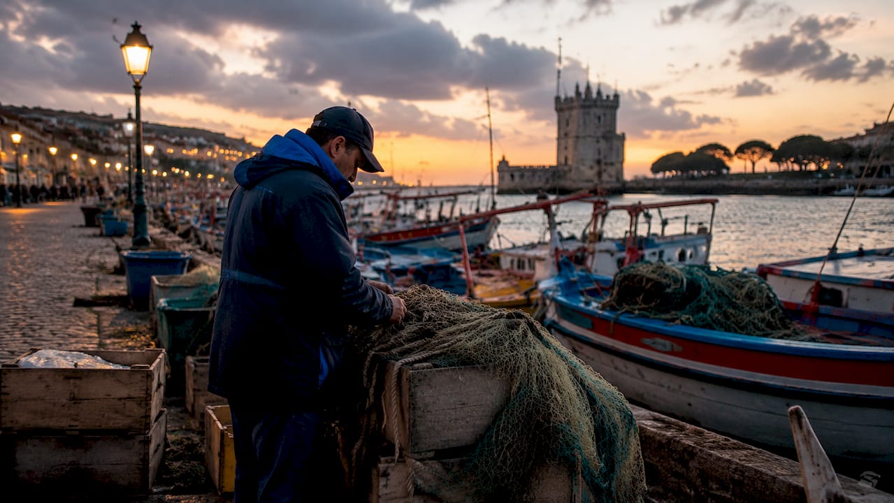 Traditional wooden boats moored on Lisbon river