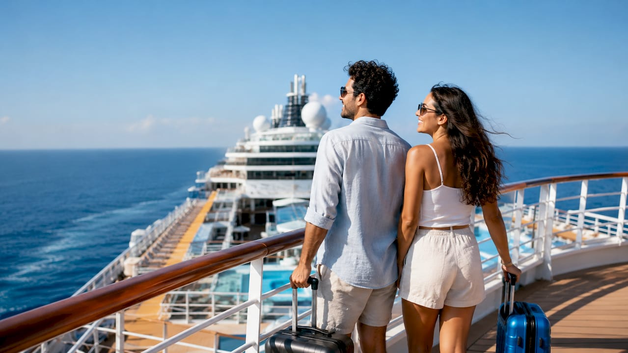 Couple boarding modern cruise ship excitedly