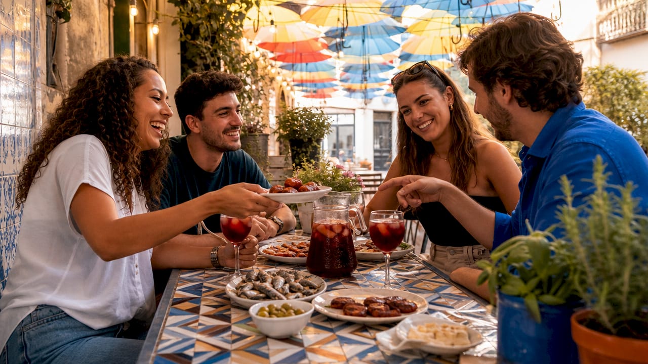 Group sharing traditional Portuguese petiscos dishes