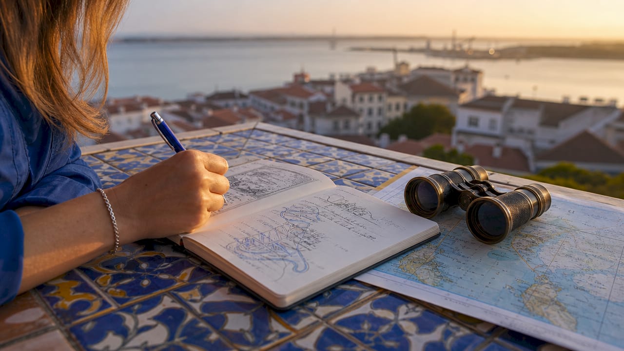 Traveler writing maritime travel guide notes beside Lisbon harbor