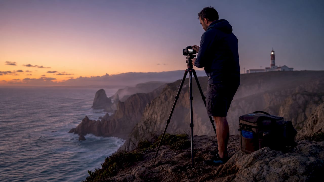 Photographer capturing Lisbon coastal landmarks at sunrise