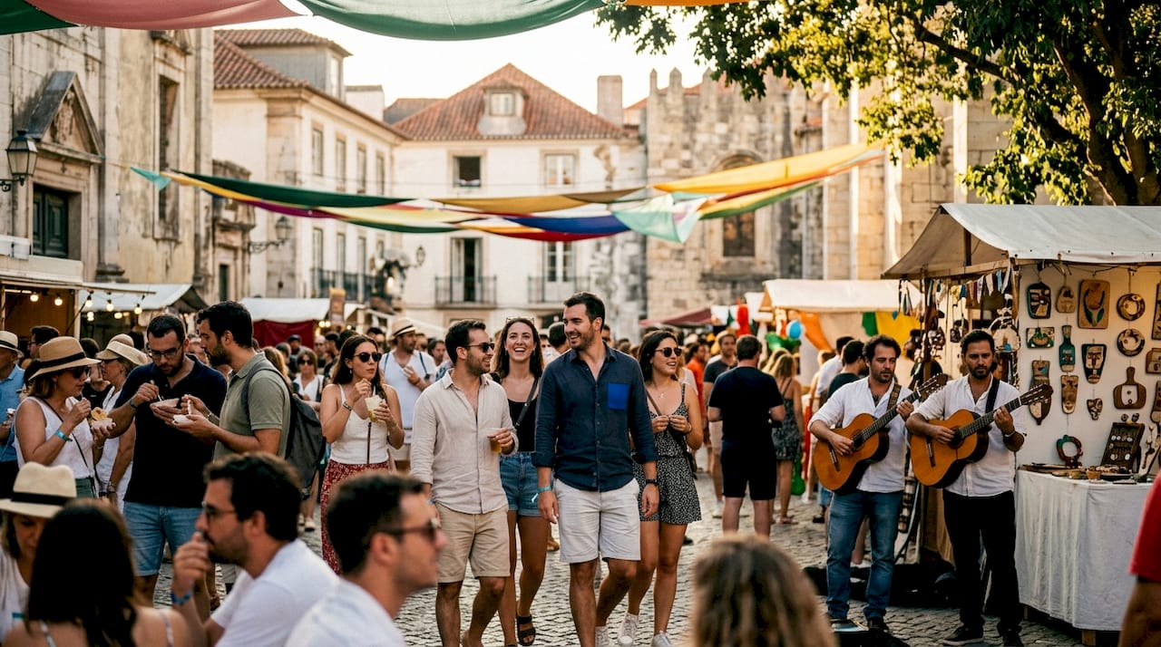 Crowd enjoying festival parade on sunny Lisbon street