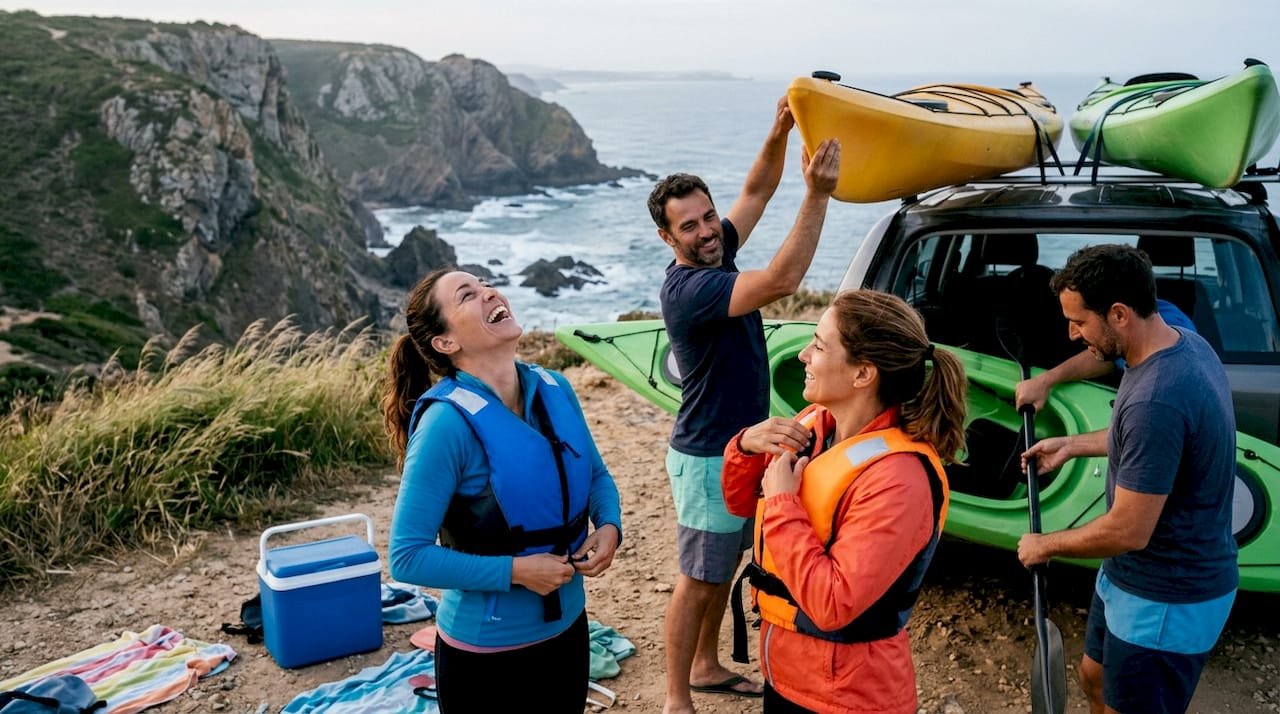 Group preparing kayaks on Lisbon coast