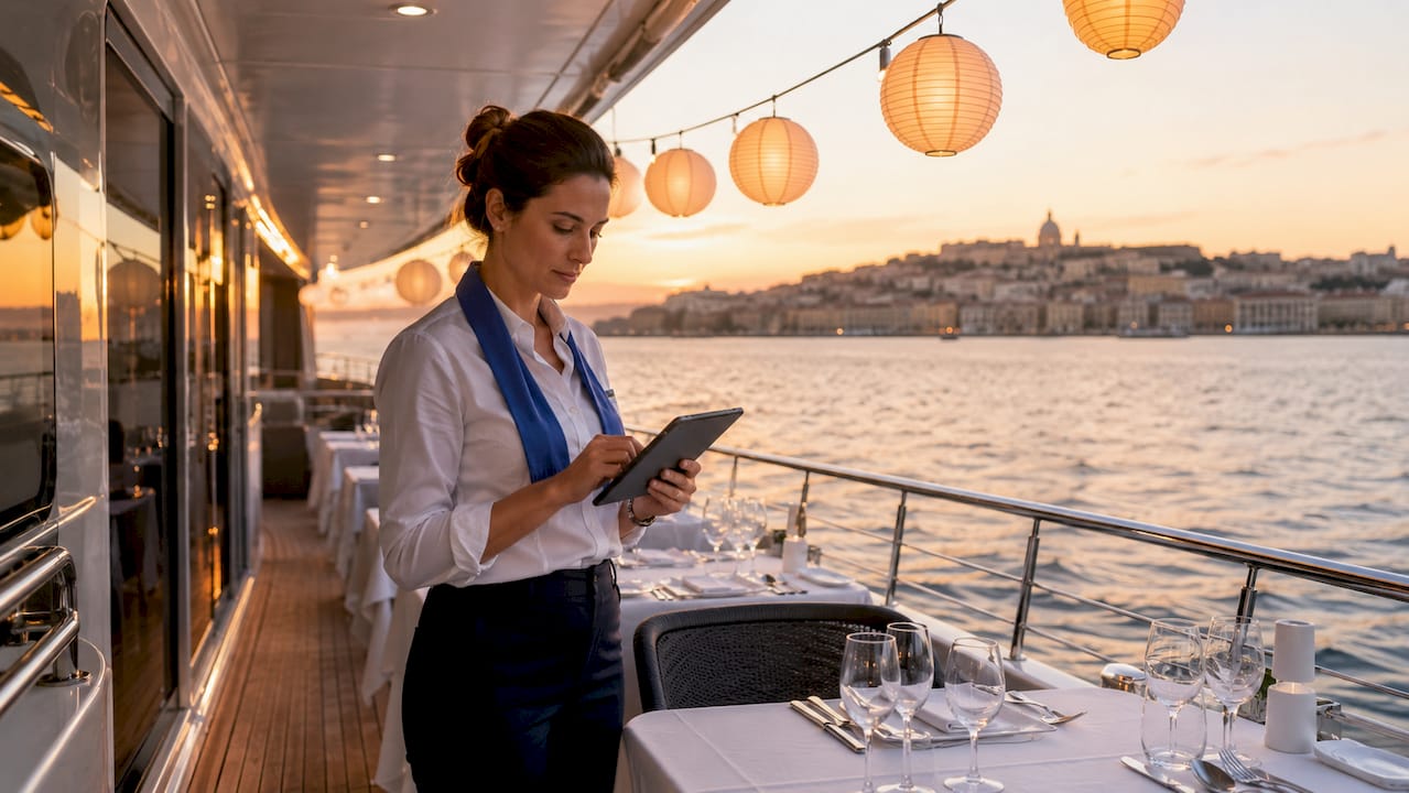 Event planner reviewing checklist on yacht deck