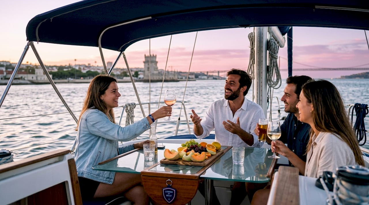 Friends enjoying private cruise on Tagus River at sunset