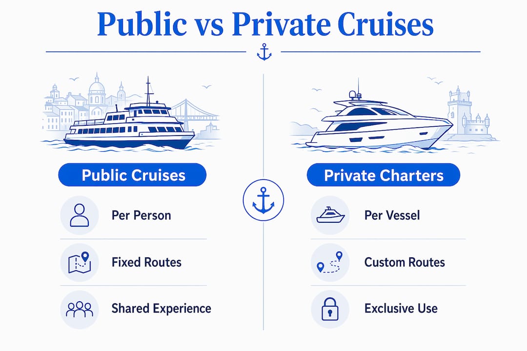 Infographic comparing public and private cruises in Lisbon
