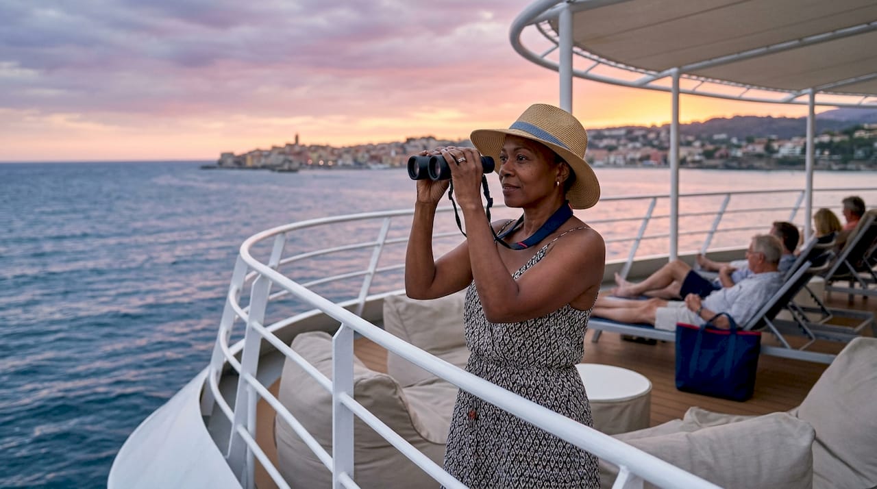 Woman on cruise ship deck observing coastline