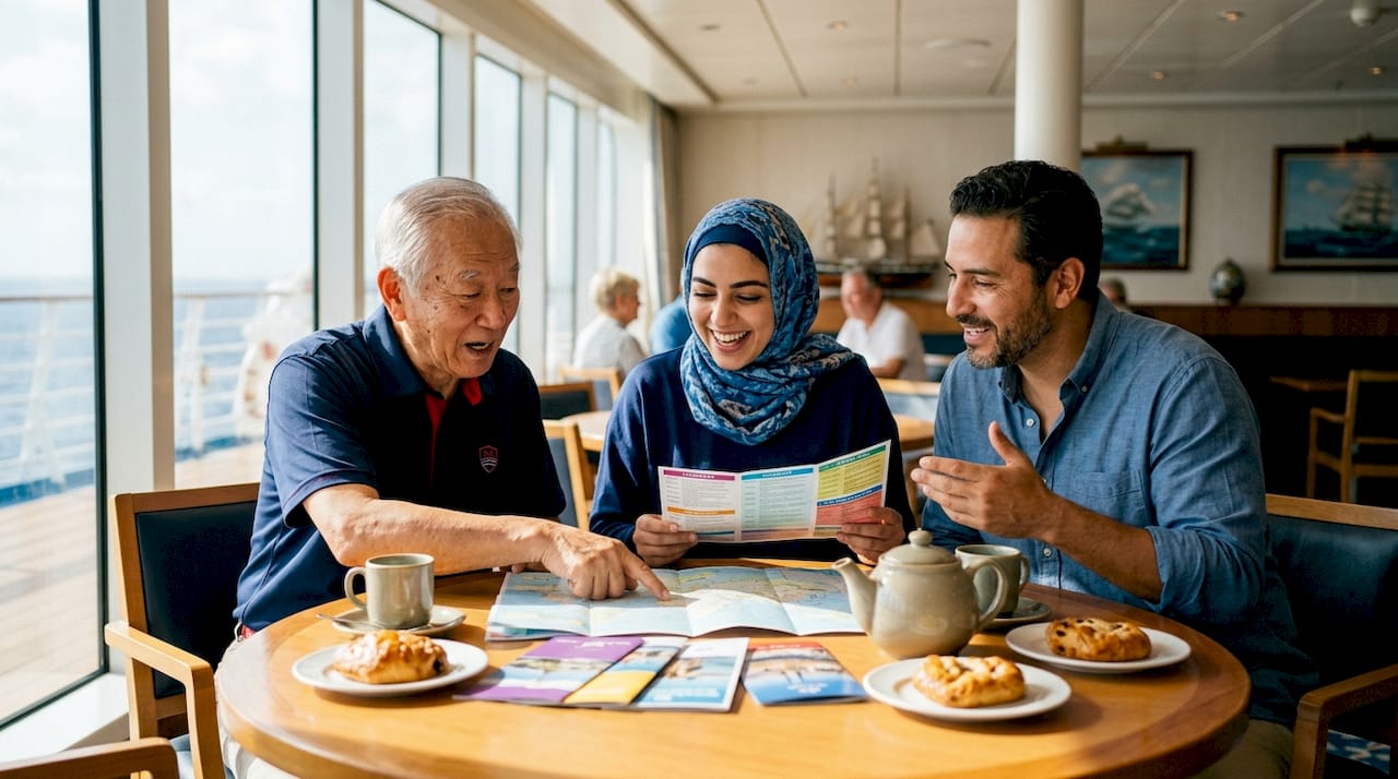 Travelers reviewing cruise itinerary in ship lounge