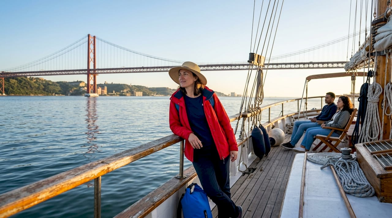 Sailing boat on Tagus River Lisbon with passengers