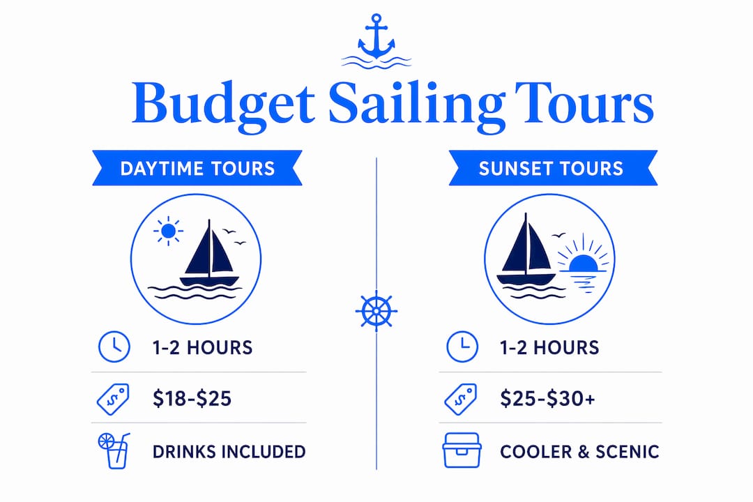 Infographic comparing daytime vs sunset budget sailing tours in Lisbon