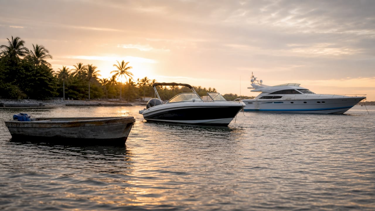 Close-up of three distinct boat hull shapes in water