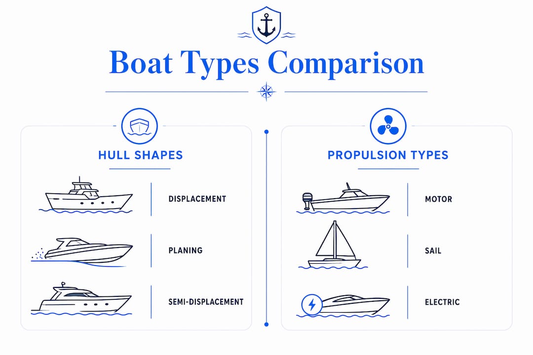 Infographic comparing boat hull shapes and propulsion types