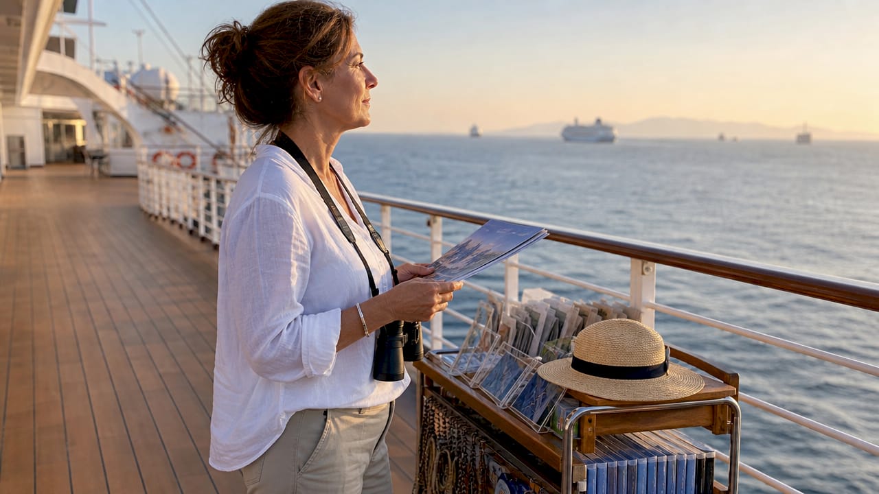 Woman planning cruise trip on ship deck