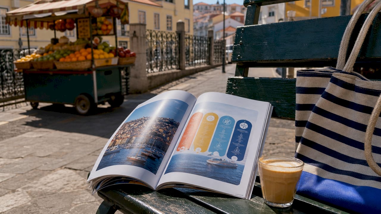 Travel magazine open to cruise duration infographic