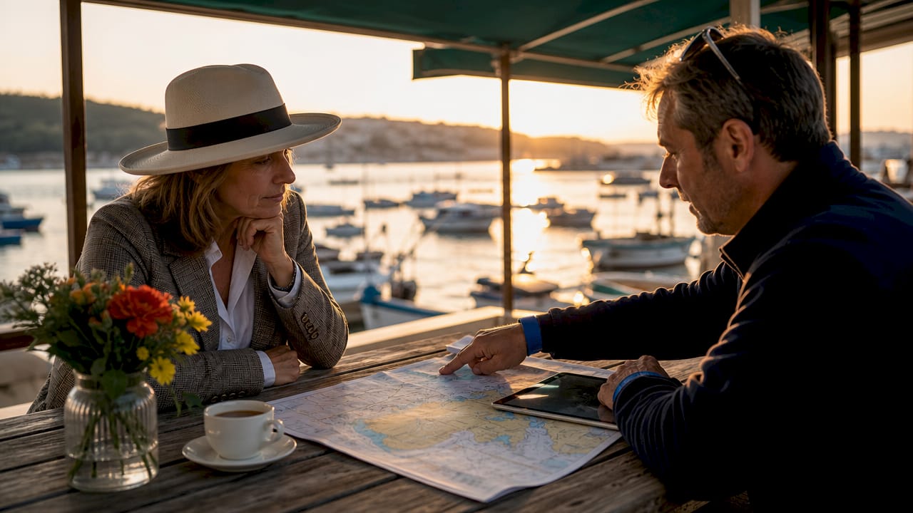 Skipper studying tide charts and tablet for sailing