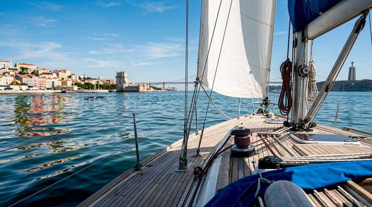 Sailboat cruising Lisbon Tagus River with landmarks
