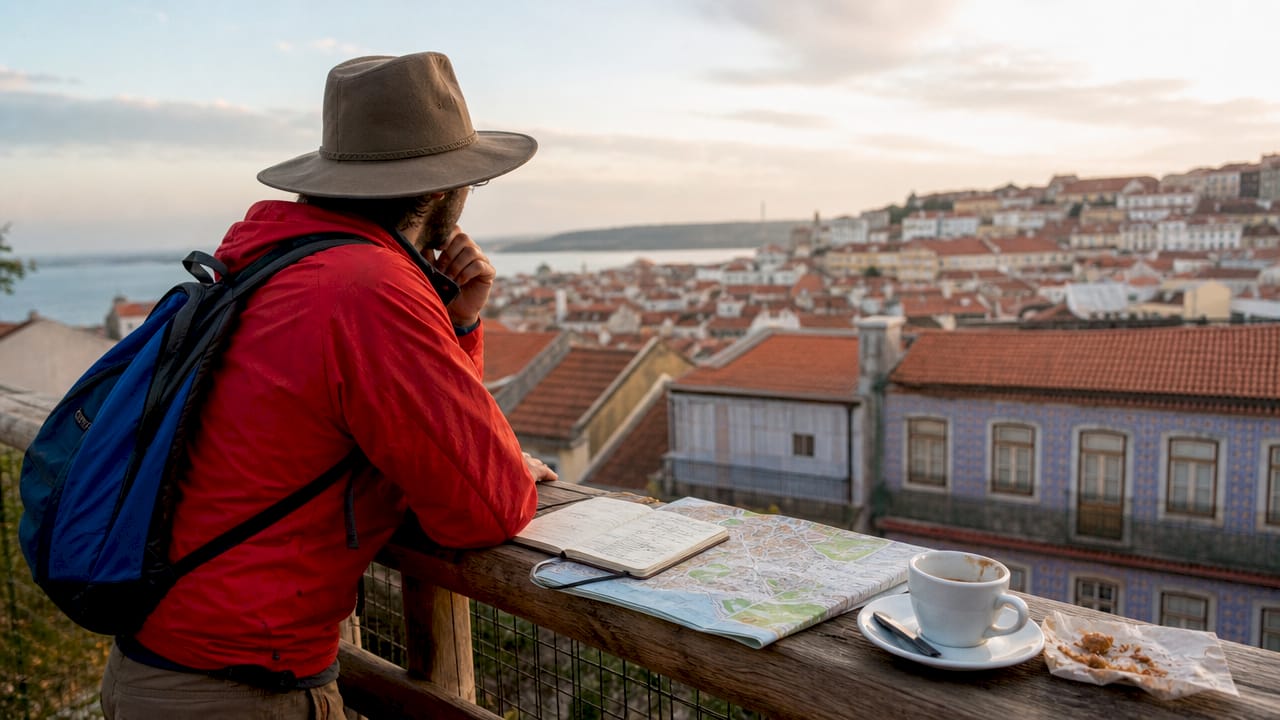 Traveler planning Lisbon day tour at café terrace
