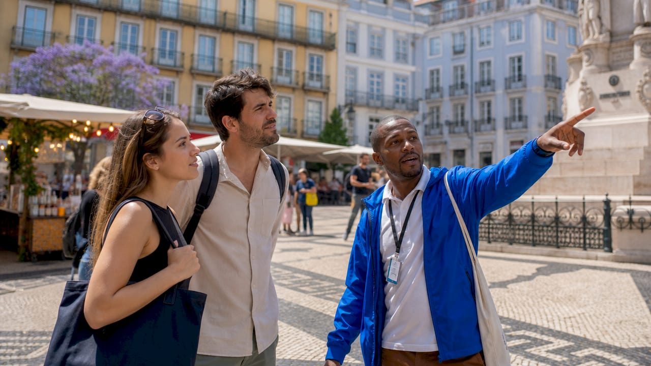 Tour group listening to guide beside Lisbon tram