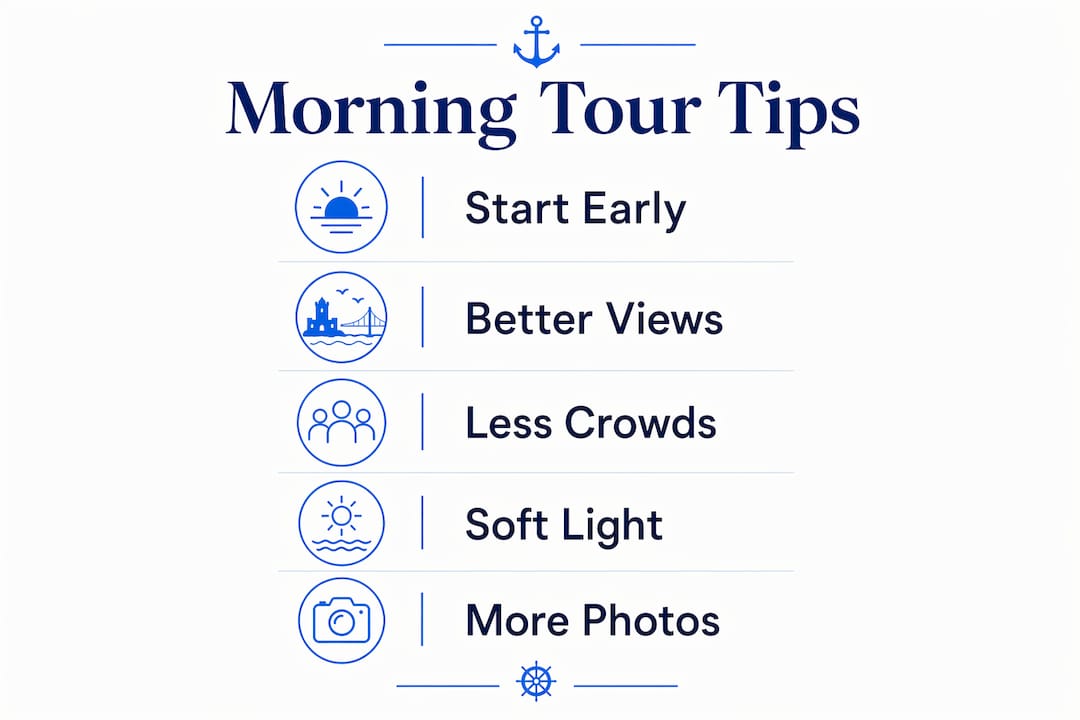Infographic demonstrating benefits of morning tours in Lisbon