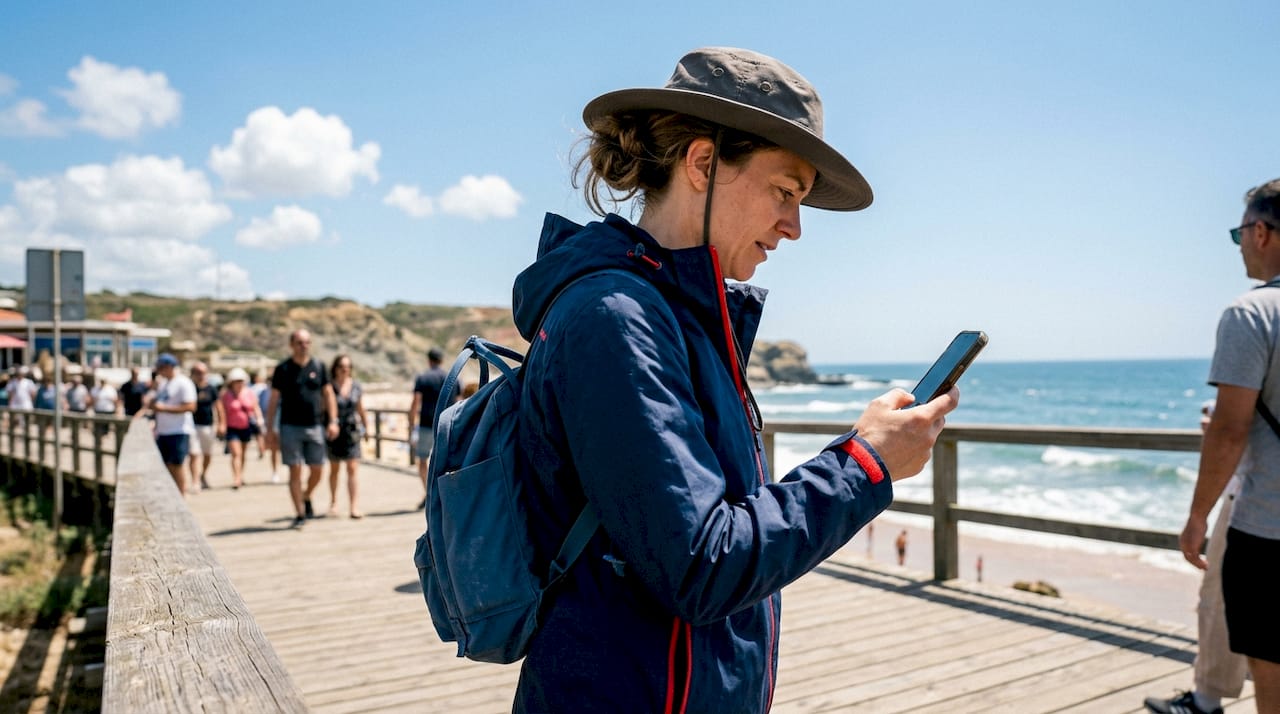 Traveler checking weather app at coastal pier