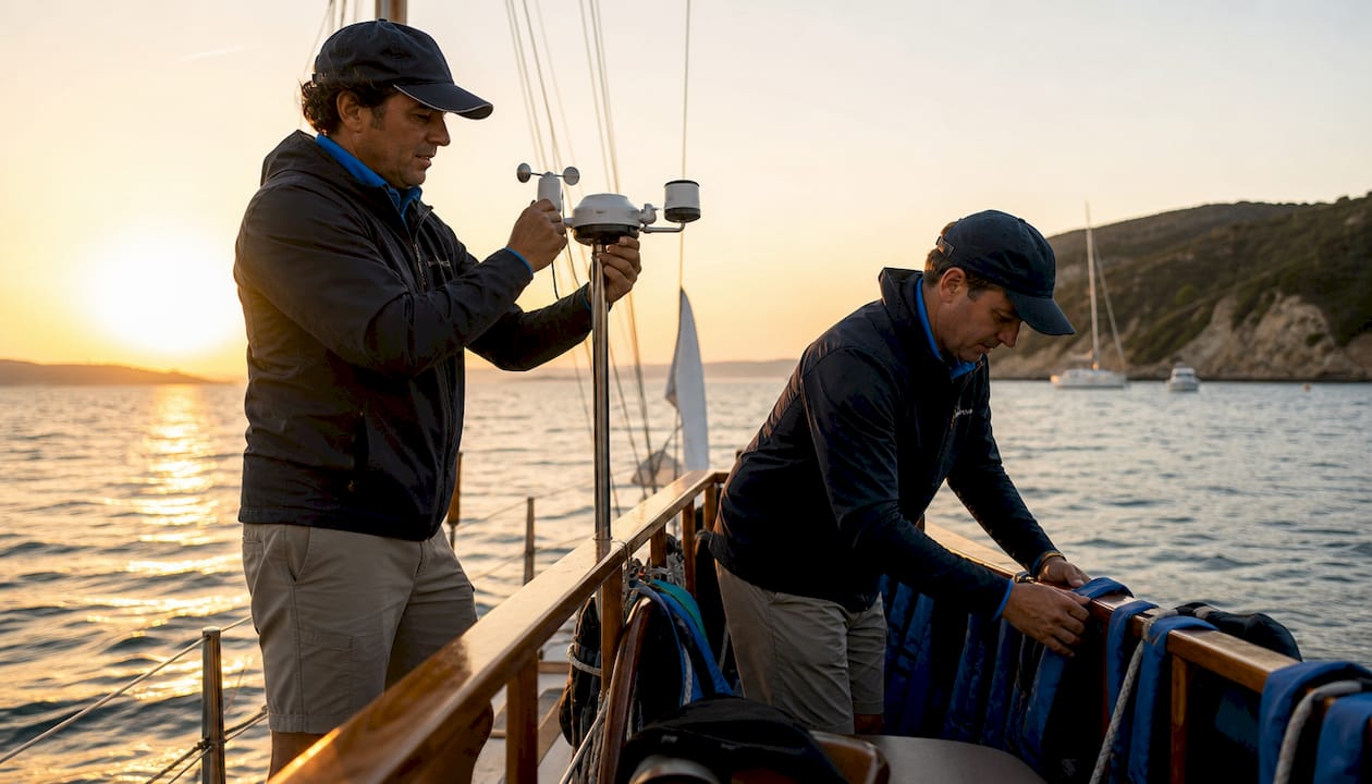 Tour guides preparing boat safety gear outdoors