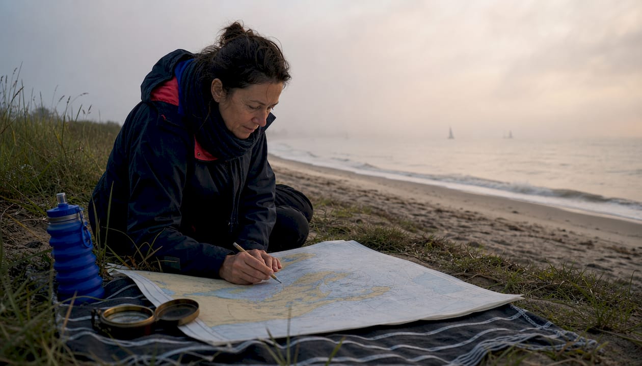 Woman planning sailing itinerary on marina dock