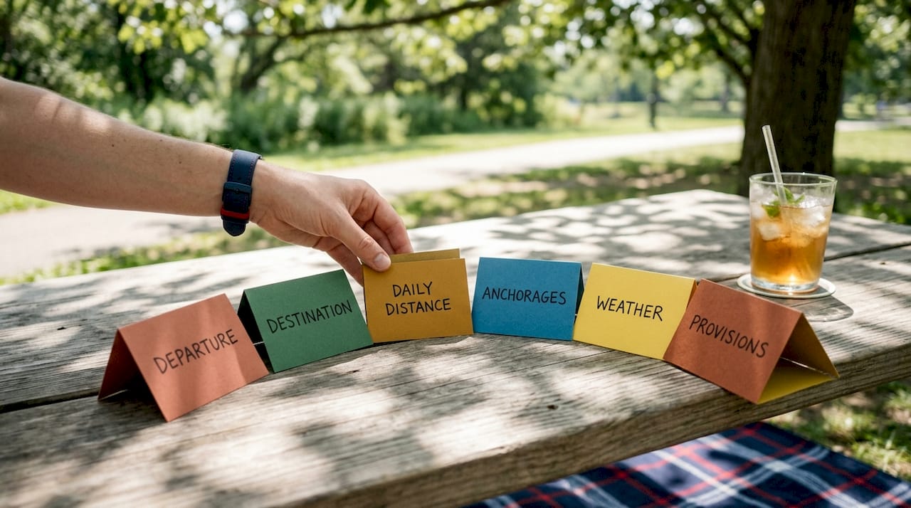Hands arranging sailing itinerary component cards