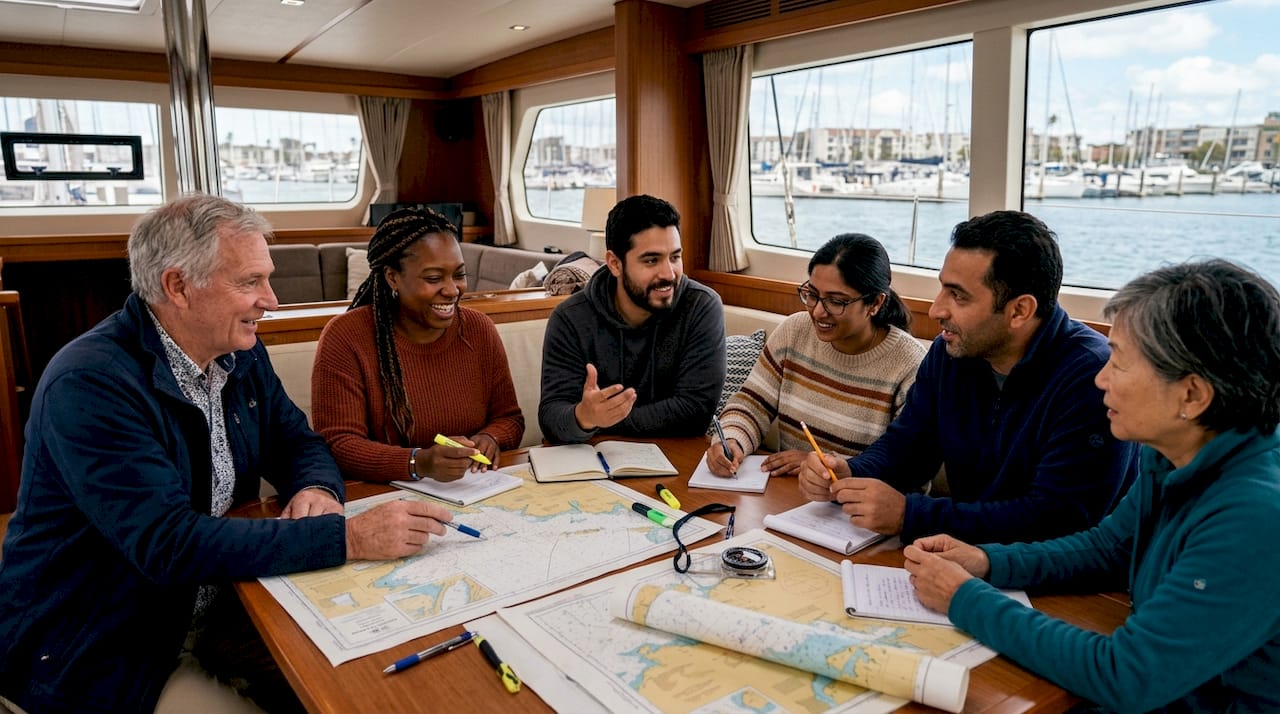 Diverse sailing group collaborating on deck