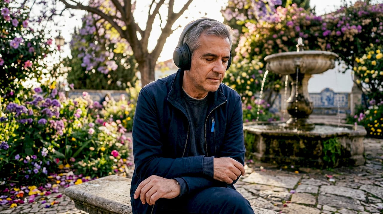 Traveler listening to narration at cultural site