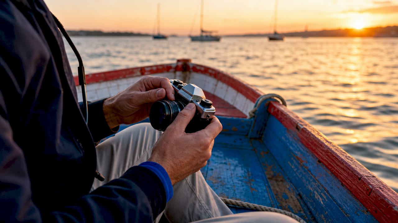 Close-up of hands adjusting camera lens on boat