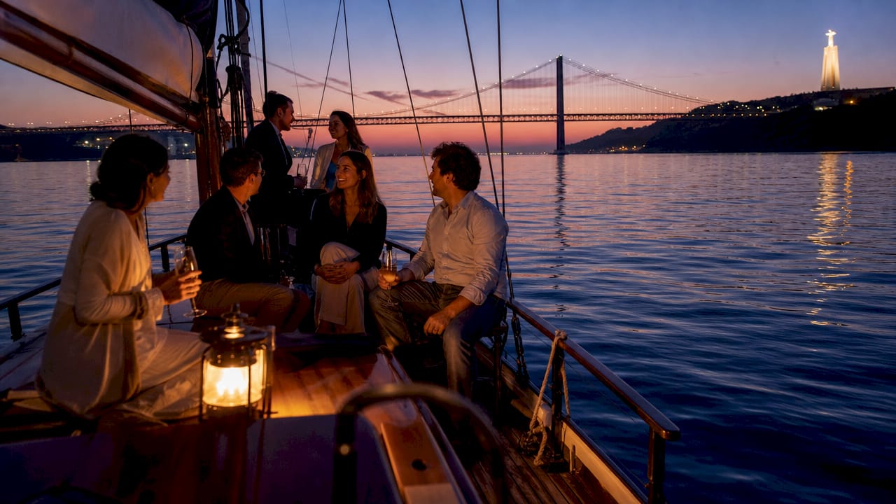 Sailboat on Tagus River at Lisbon sunset