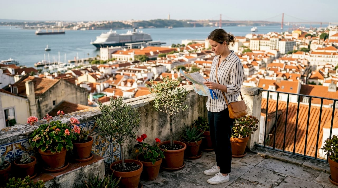 Traveler consulting itinerary at Lisbon cruise port