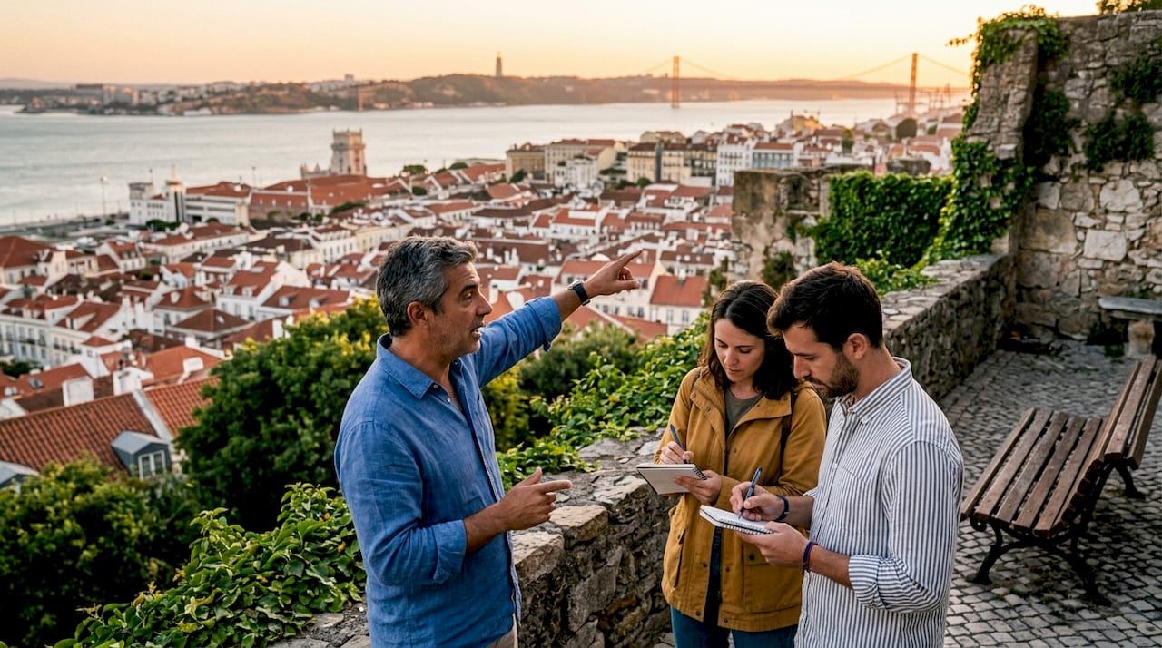 Scenic viewpoint with local guide and tourists