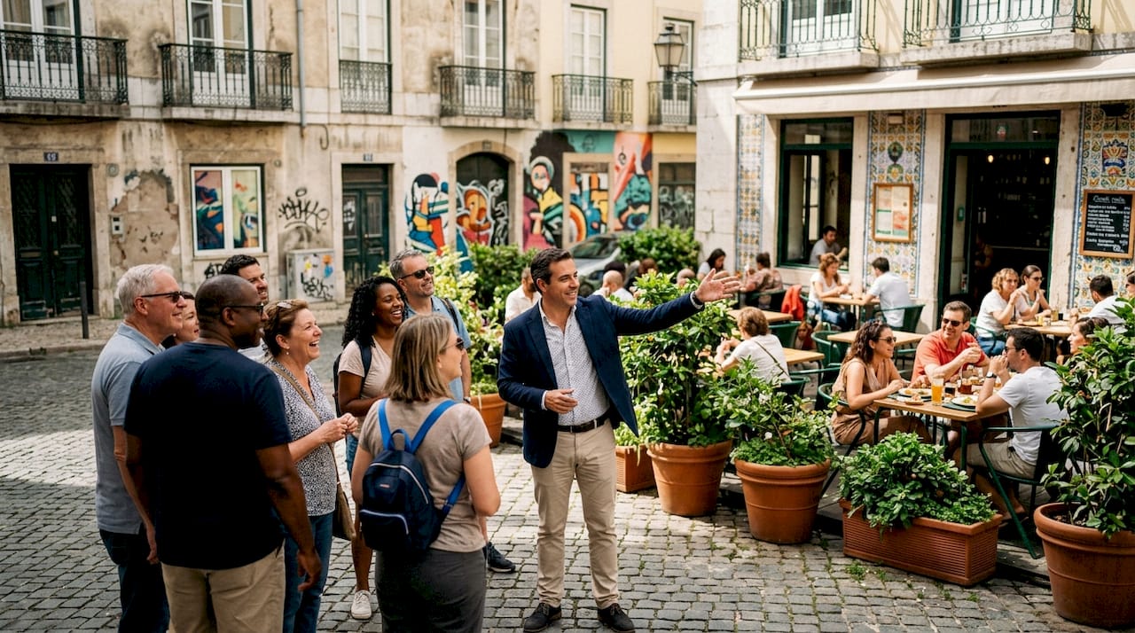 Tour group walking Alfama street with guide