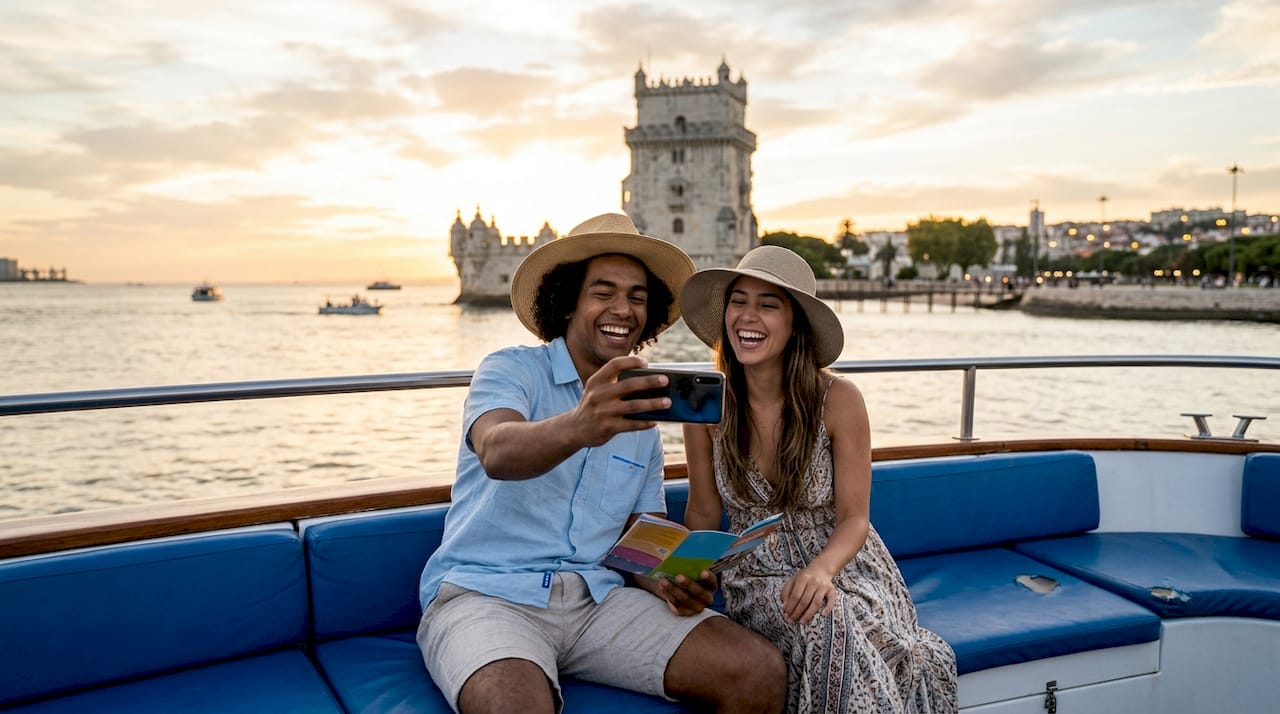 Two friends enjoying Lisbon sightseeing cruise