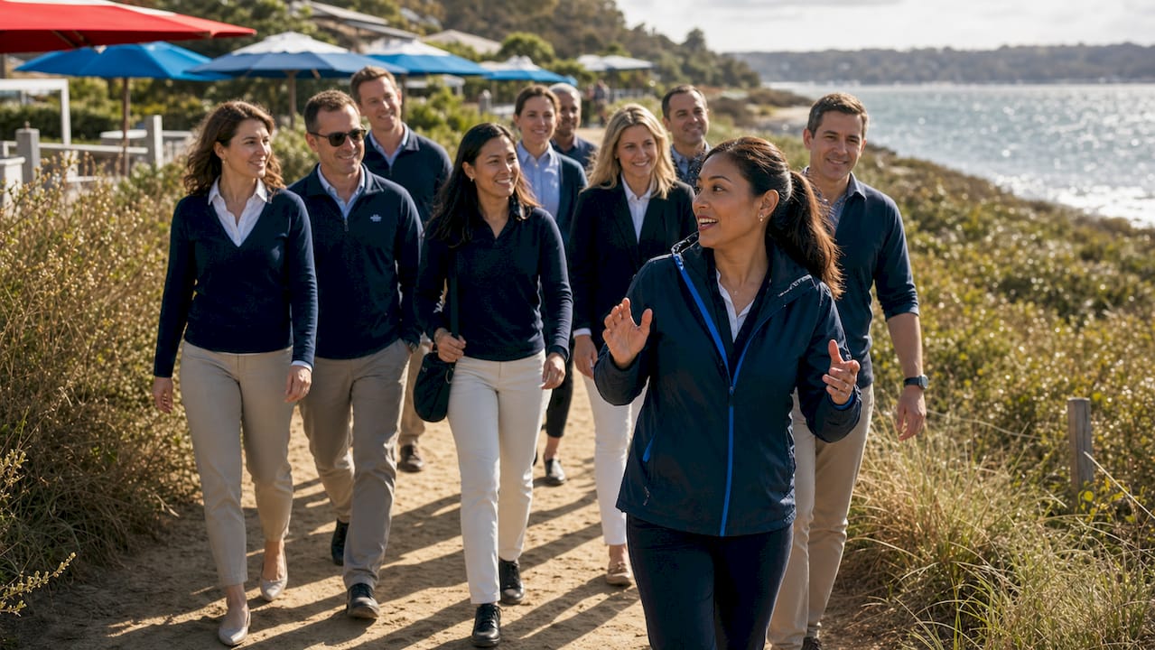 Tour guide leading corporate group on outdoor trail