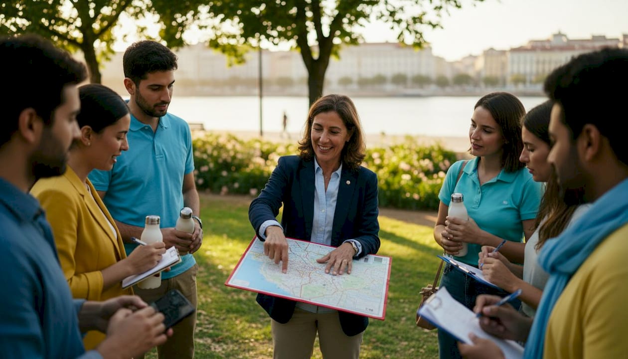 Corporate team with guide discussing activity outdoors