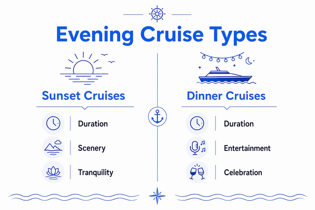 Infographic comparing sunset and dinner evening cruises