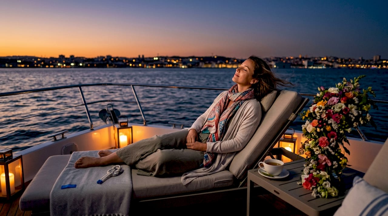 Woman enjoying sensory calm on evening cruise