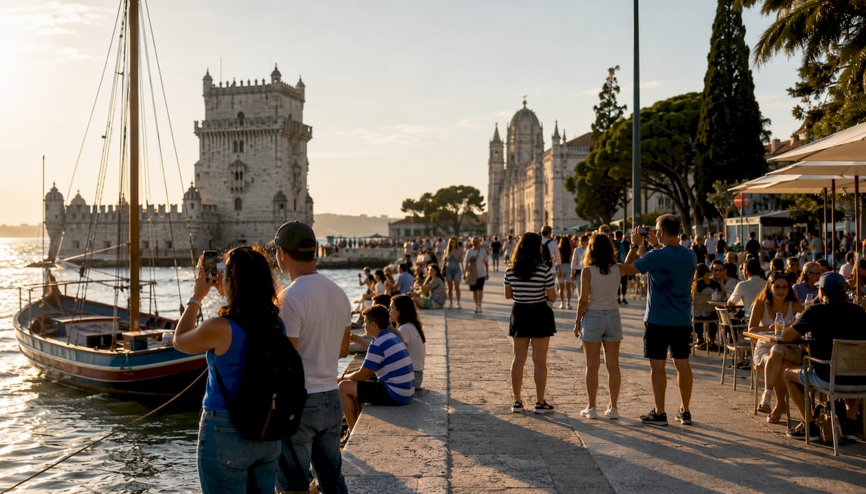 Panoramic view of Lisbon riverfront landmarks and Tagus River
