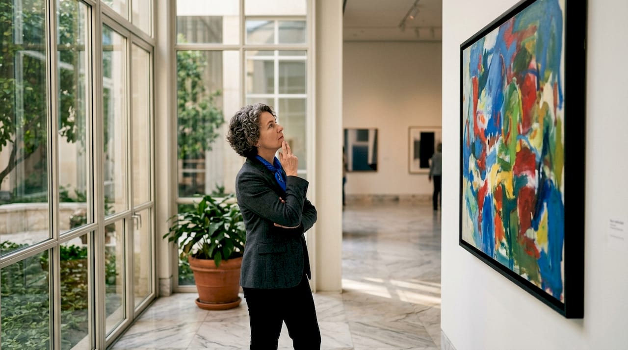 Visitor closely viewing painting inside museum gallery